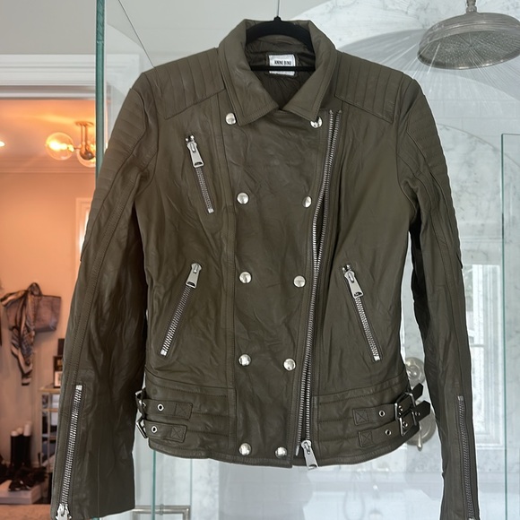 Gorgeous leather Anine Bing distressed motorcycle jacket- army green - Picture 5 of 5
